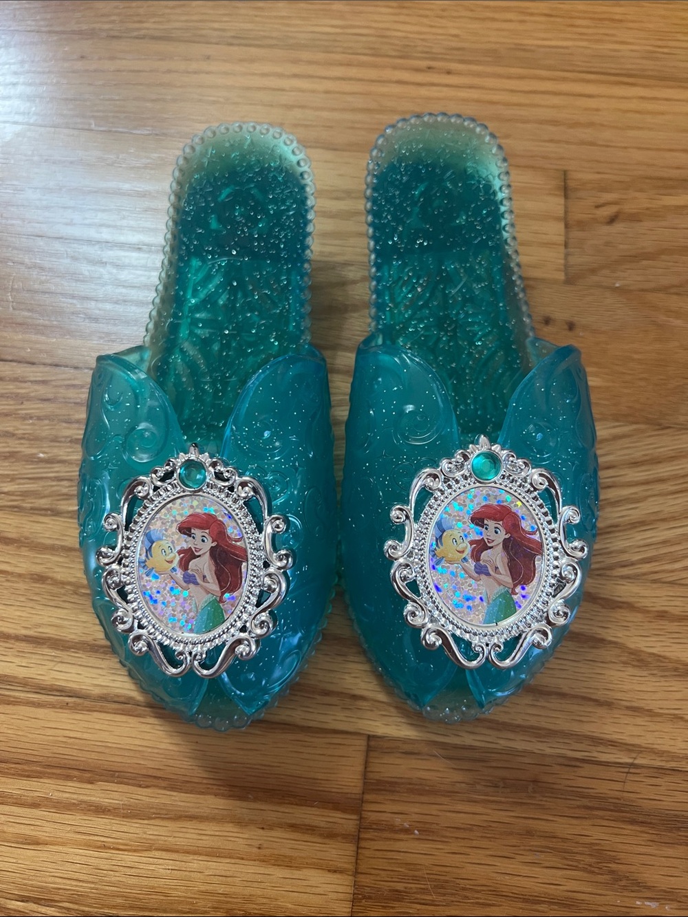 Disney Girls Teal Glitter Jelly Slides with Ariel Medallions